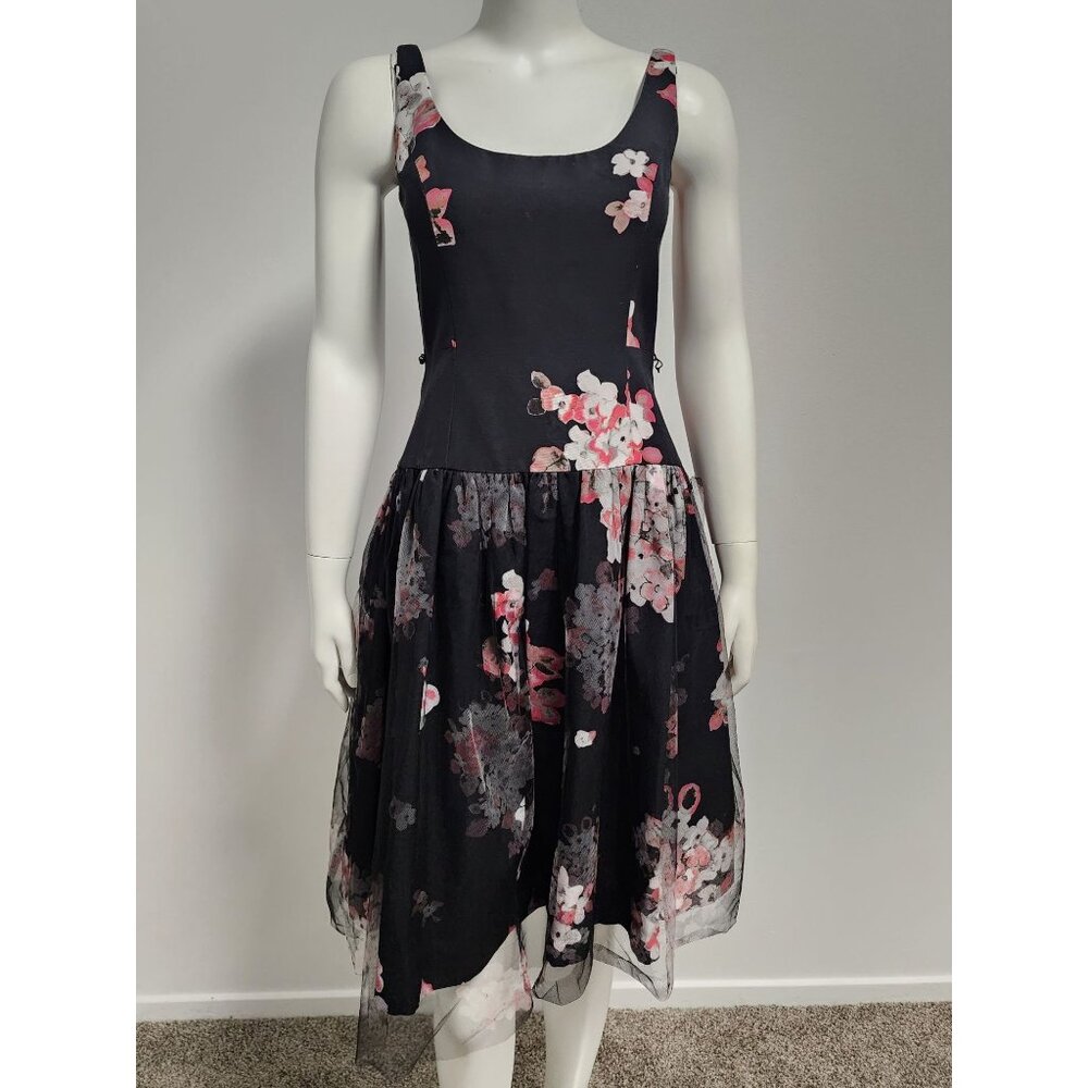 Milly Natalie black candy pink floral tulle A line sleeveless dress 2